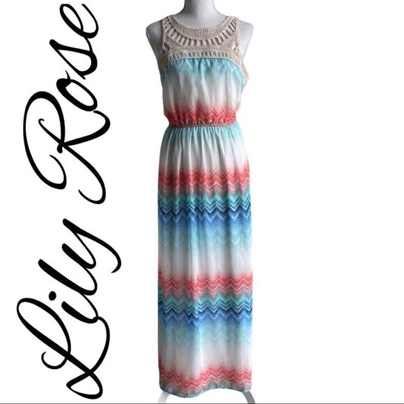 LILY ROSE pastel color, maxi dress with crochet accent neckline - Picture 1 of 8
